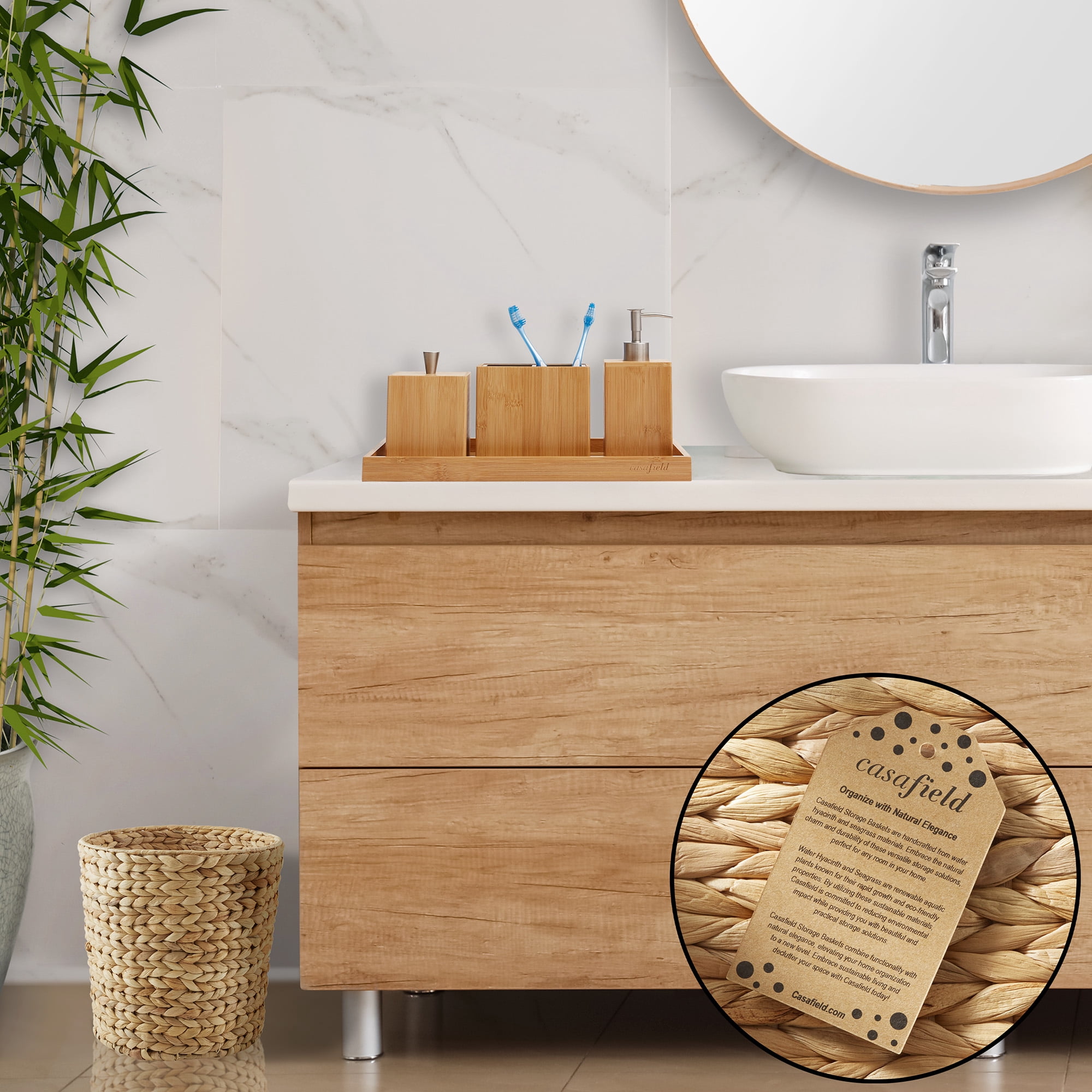 (Set of 2) Casafield Hyacinth Waste Baskets - Natural, Woven Trash Can Bins for Garbage in the Bathroom, Bedroom, Laundry Room, Home Office