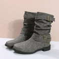 thumbnail image 5 of Willtoo Women's Leather Slouchy Buckle Mid-Calf Boots Comfort Wide Round Toe Slip On Lug Sole Motorcycle Combat Boots Winter Low Heel Knight Boots Wide Calf Knee High Boots Gray, 5 of 6
