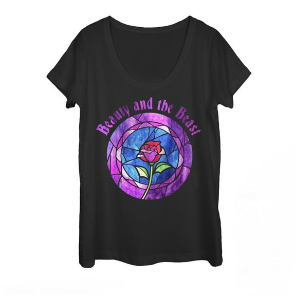 Women's Beauty and the Beast Stained Glass Rose Scoop Neck Black Large