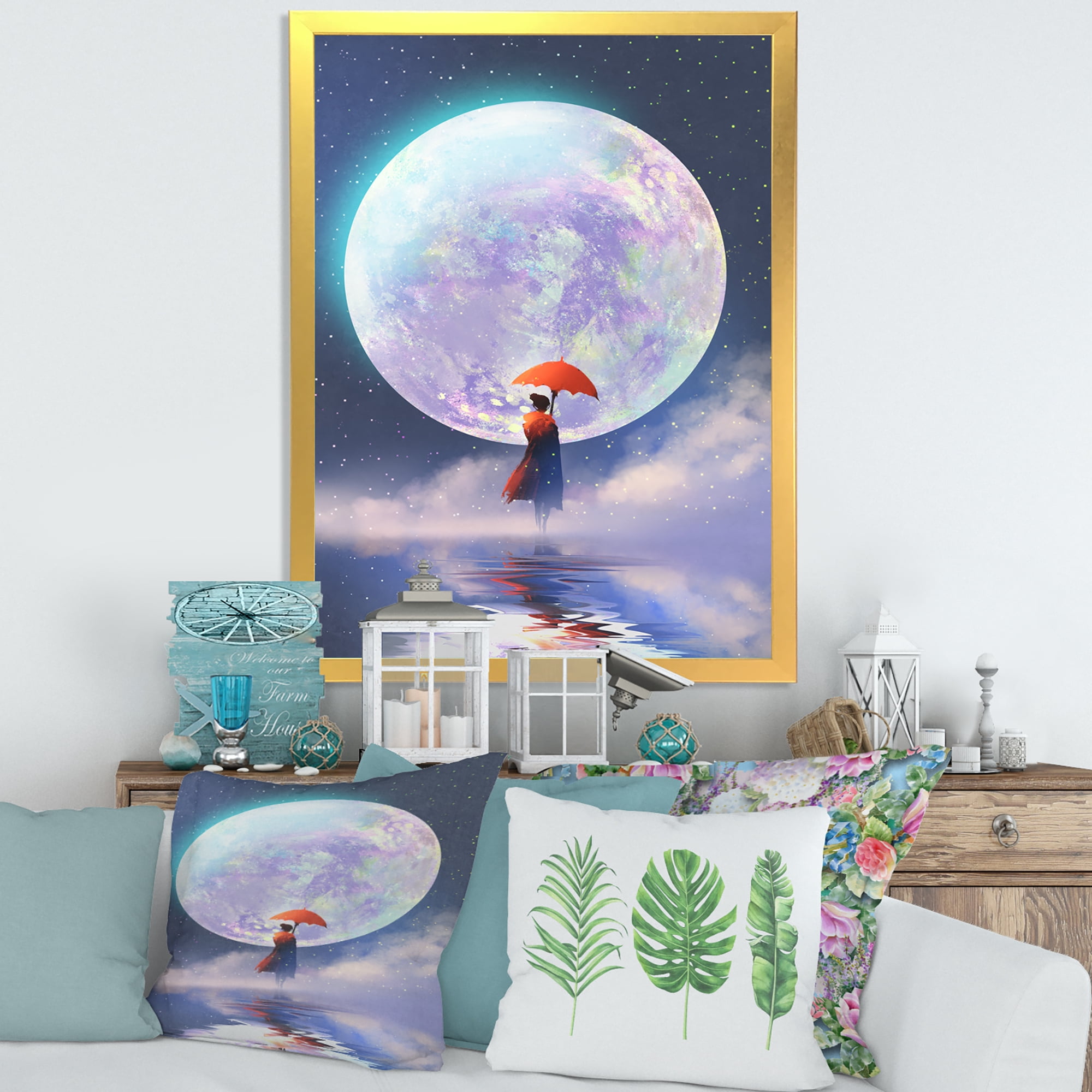 Designart 'Girl With Umbrella Standing On Water Against Moon' Traditional Framed Art Print