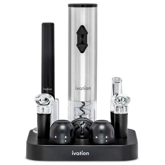 Ivation Set de 9 Piezas para Vino | Abridor Eléctrico, Bomba de Aire, Vertedor con Aireador, Tapones para Vino y Champaña, Cortador de Láminas y Soporte.