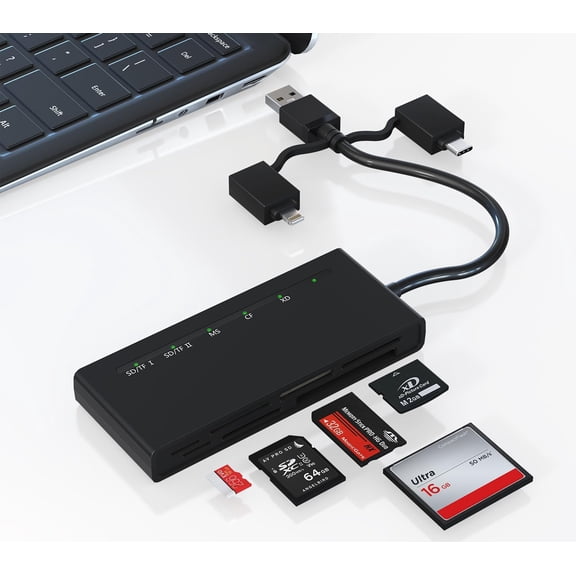 Memory Stick Pro Duo Adapter for iPhone, Computer - 7-in-1 Card Reader with Lightning, USB C, A 3.0 (5Gbps High Speed), Read 5 Cards Simultaneously SD, Micro CF, MS, XD