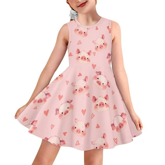CLOHOMIN Pink Pig Junior Sleeveless Dresses for Girls Soft Round Neck Tank Sundress for Home School Holiday Playwears Comfy A Line Pleat Dress Size 15-16