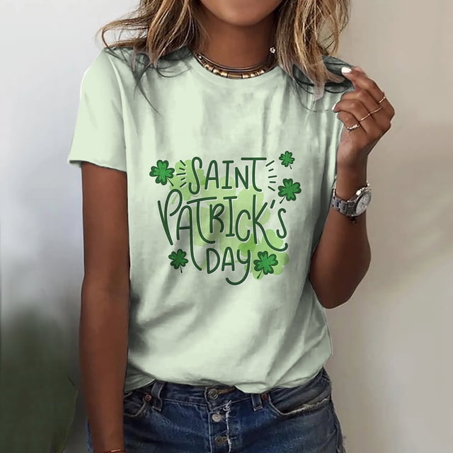 Fiudx Ofertas Flash Del Día Solo En Línea San Patricio Día Moda Mujer Cuello Redondo Casual Manga Corta Impreso Señoras Tops Blusa