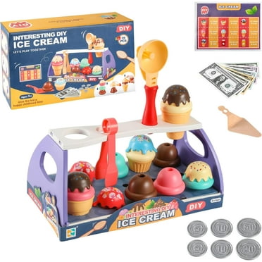 39pcs Pajojoqa Ice Cream Toys for Kids Ice Cream Counter Cupcake Playset Toddler Scoop Dessert Kitchen Food with Menu Fake Money Coin Pretend Food Toys Interactive Playset