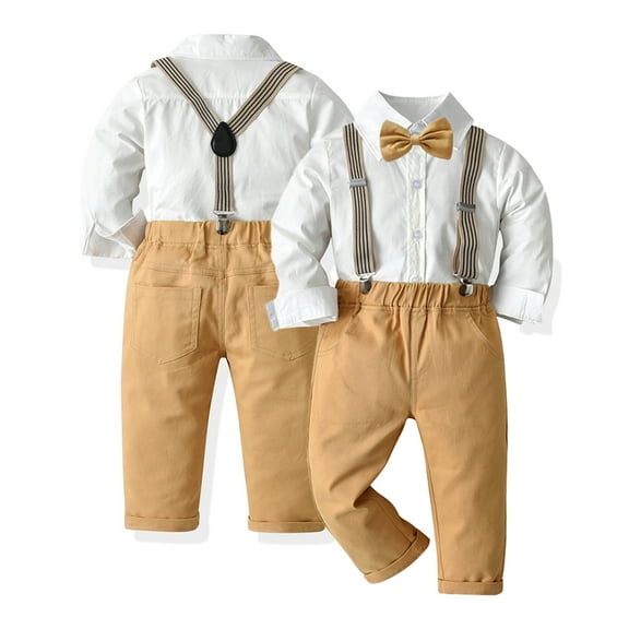 YTDSCS 1-6Y Toddler Kids Boys Dress Shirt Shirts Overalls Outfit for Boys Delicate Standing Collar White Long Sleeve Yellow Pocket Strap Gents Suit