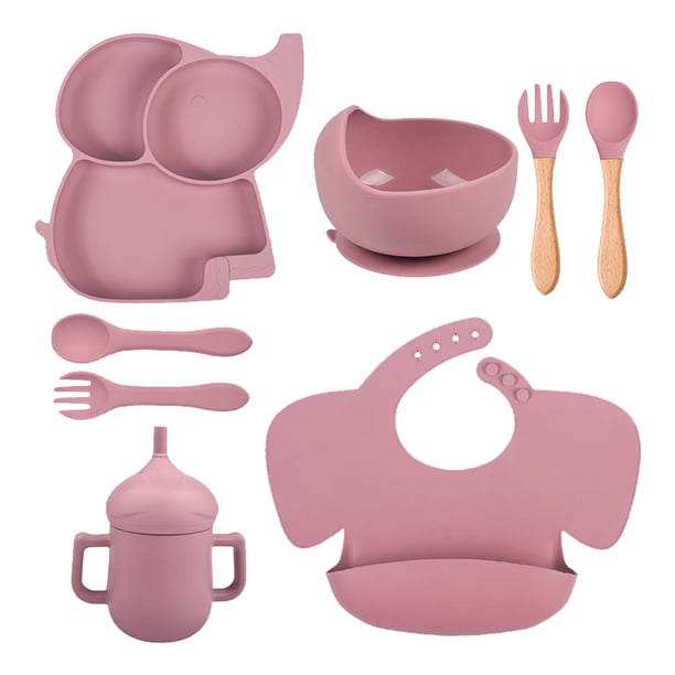 Juego De Vajilla Para Bebé Platos de alimentación de silicona suave para bebés, plato con ventosa, cuenco, baberos, cuchara, tenedor (Y19) Ehuebsd Libre de BPA
