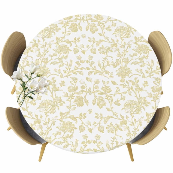 Pastoral Flowers Round Fitted Table Cover Vintage Yellow Flower Farmhouse Plant Waterproof Table Cloth with Elastic Edge Wipeable Tablecloth for Picnic Camping Party Fits 36"-44" Diameter