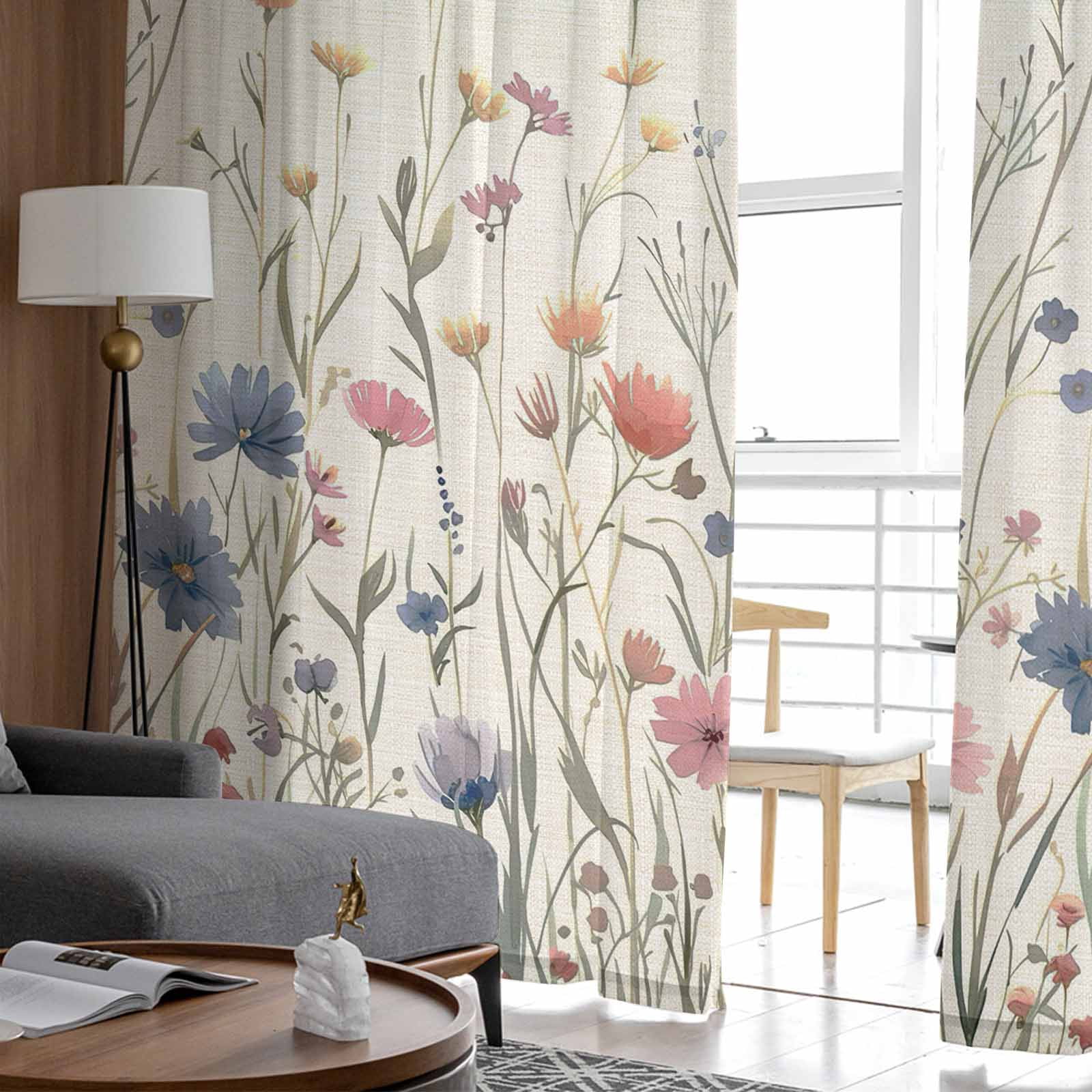 Sheer Curtains 72 inches Long, Floral Watercolor Leaves Colorful Daisy Linen Background Light Filtering Sheer Window Curtains Rod Pocket Voile Drapes for Bedroom Living Room, 52"W x 72"L 2 Panels