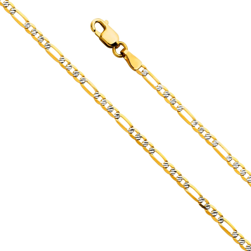 FB Jewels 14K White and Yellow Gold Two Tone Figaro White Pave Chain Necklace With Lobster Claw Clasp