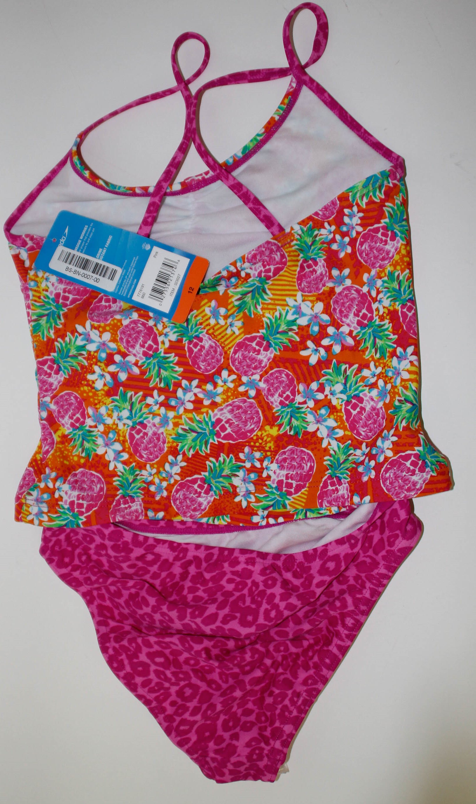 Speedo Girl's Sporty Splice Tankini 2 Piece Swimsuit (12, Pink/Pineapple) - image 2 of 2