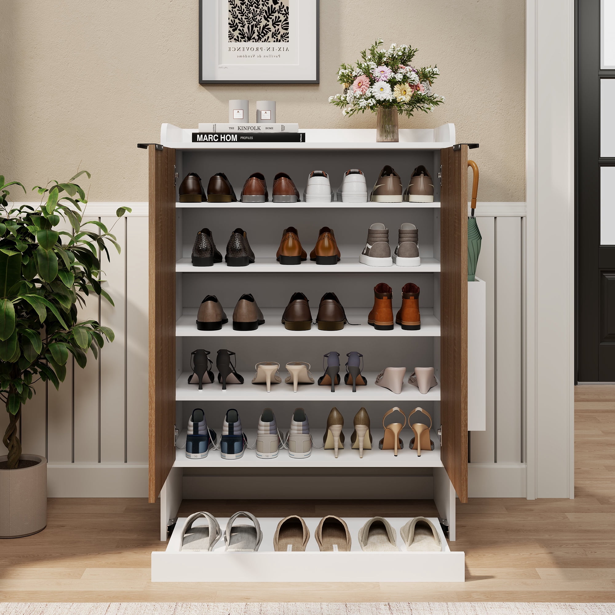 JOIVI Shoe Cabinet Storage for Entryway, 2-Door 5-Tiers Wood Shoe Rack Organizer w/ Adjustable Shelves, Slide-out Design, for Living room, Front door, Light Wood