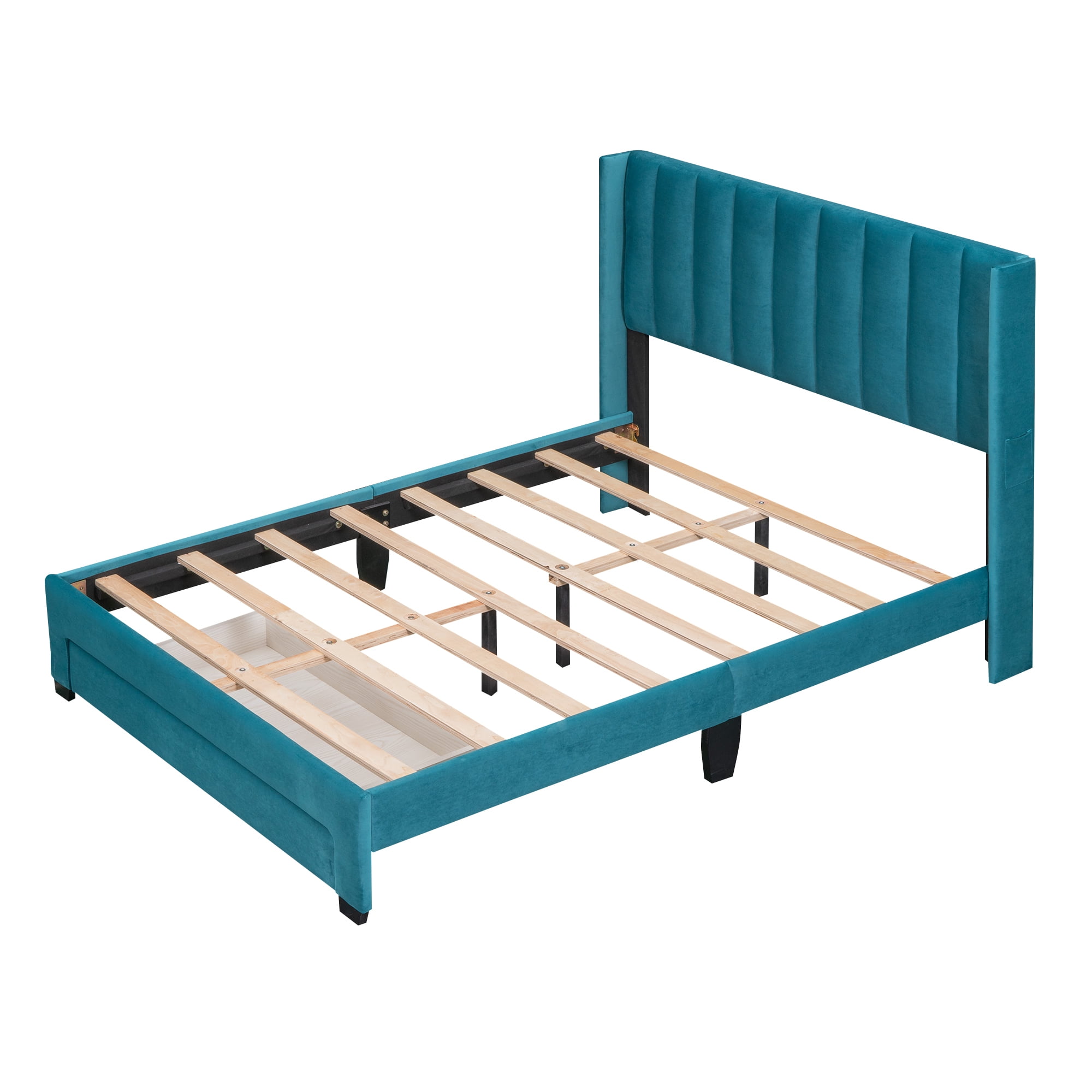 Leumius Full Size Platform Bed with A Storage Drawer,Velvet Upholstered Bed Frame with Wingback Vertical Channel Tufted Headboard,Blue