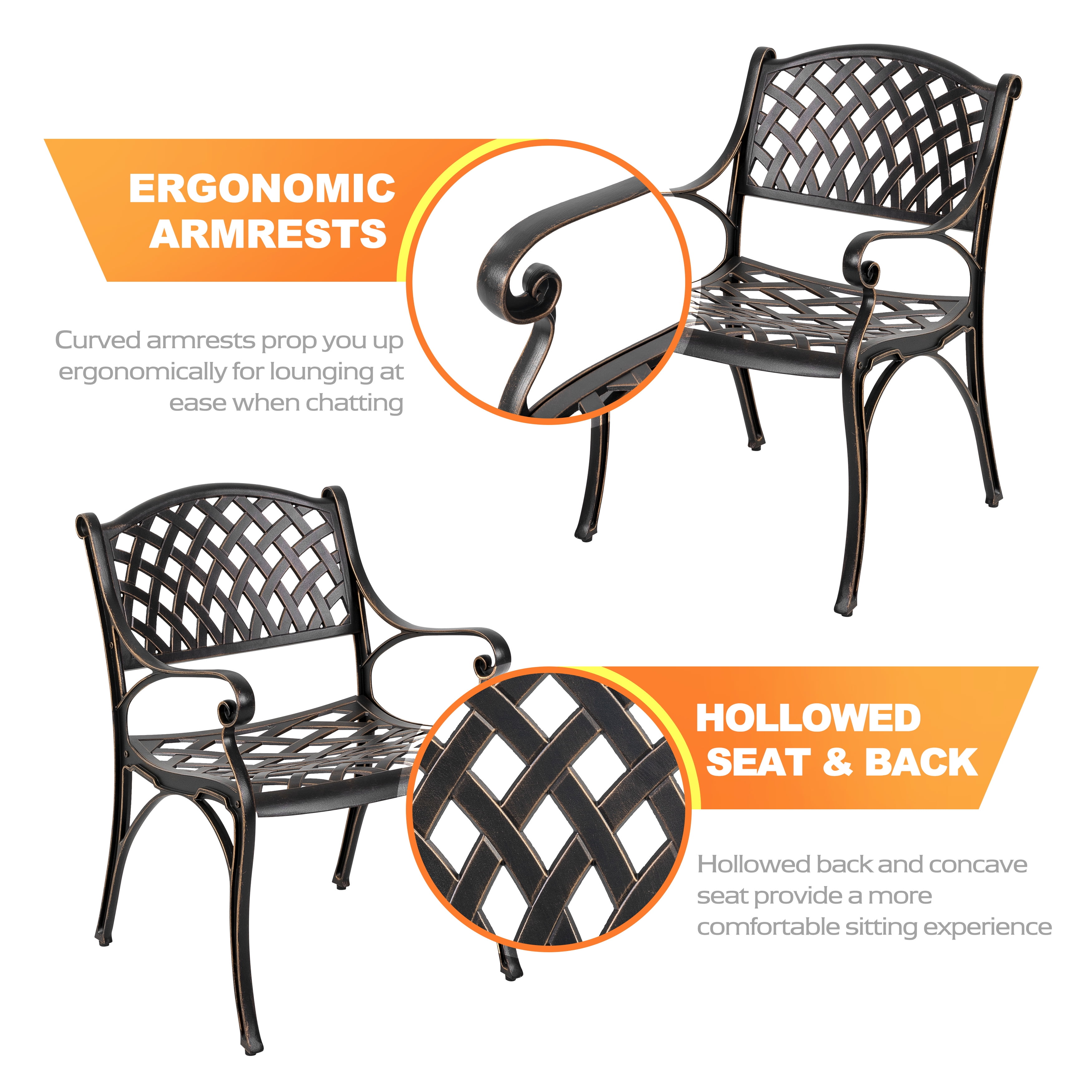 Nuu Garden 2 Piece Cast Aluminum Patio Dining Chairs with Armrests, Outdoor Bistro, Balcony, Backyard, Garden, Black with Gold Speckles