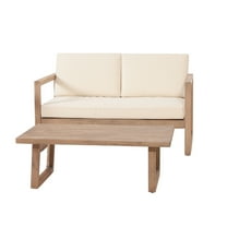 GDF Studio Petteti Outdoor Acacia Wood Loveseat and Coffee Table Set with Cushions, Brown Wash, Beige