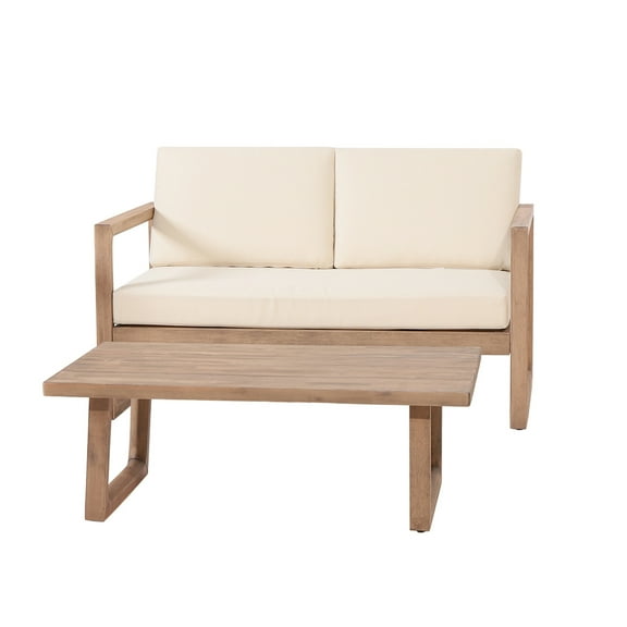 GDF Studio Petteti Outdoor Acacia Wood Loveseat and Coffee Table Set with Cushions, Brown Wash, Beige