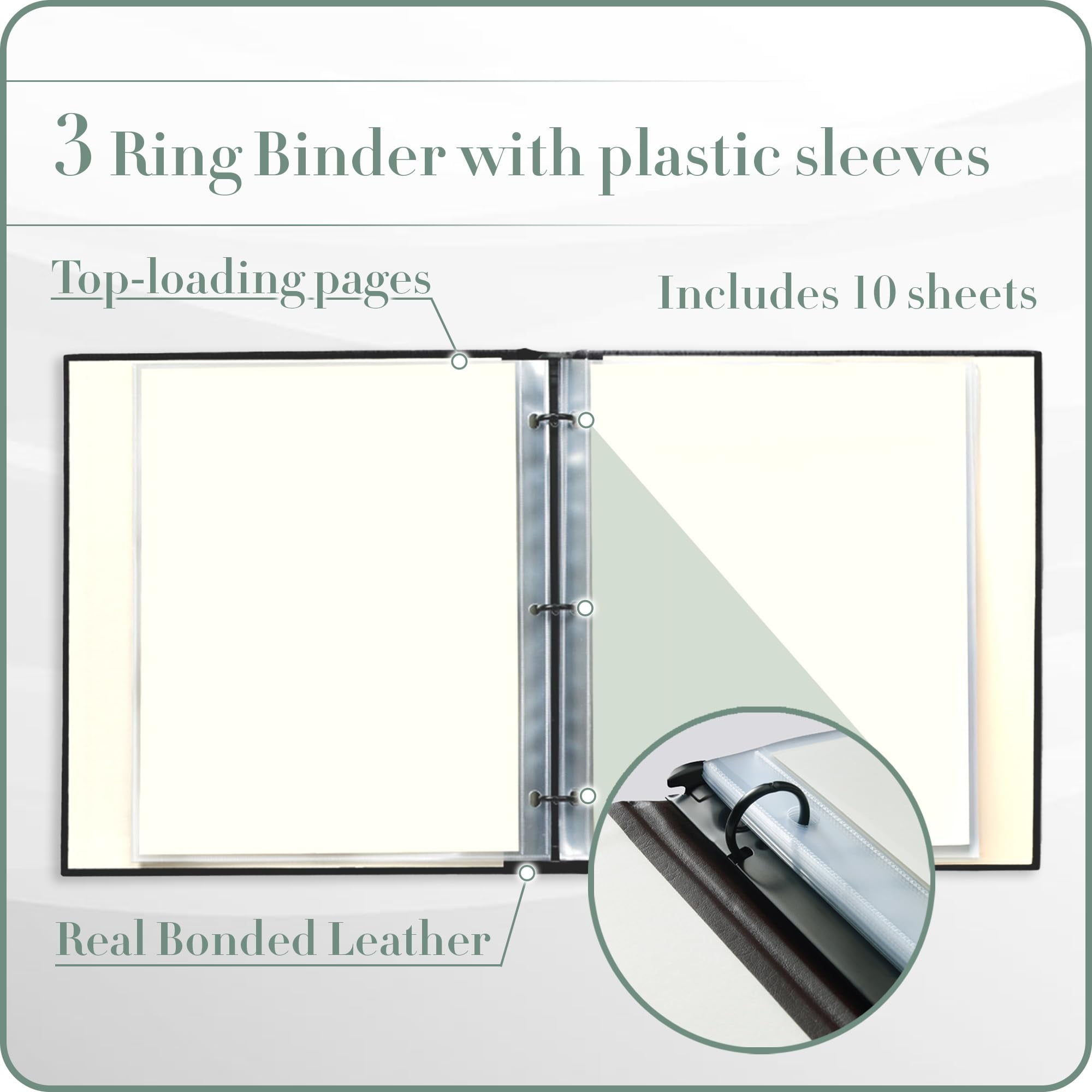 Gallery Leather 3 Ring Binder with Plastic Sleeves, Includes 10 Sheets, Sheet Size: 8.5" x 11" - Presentation Binder Rings with Window and Hubbed Spine, Thick: 0.75" Belfast Burgundy