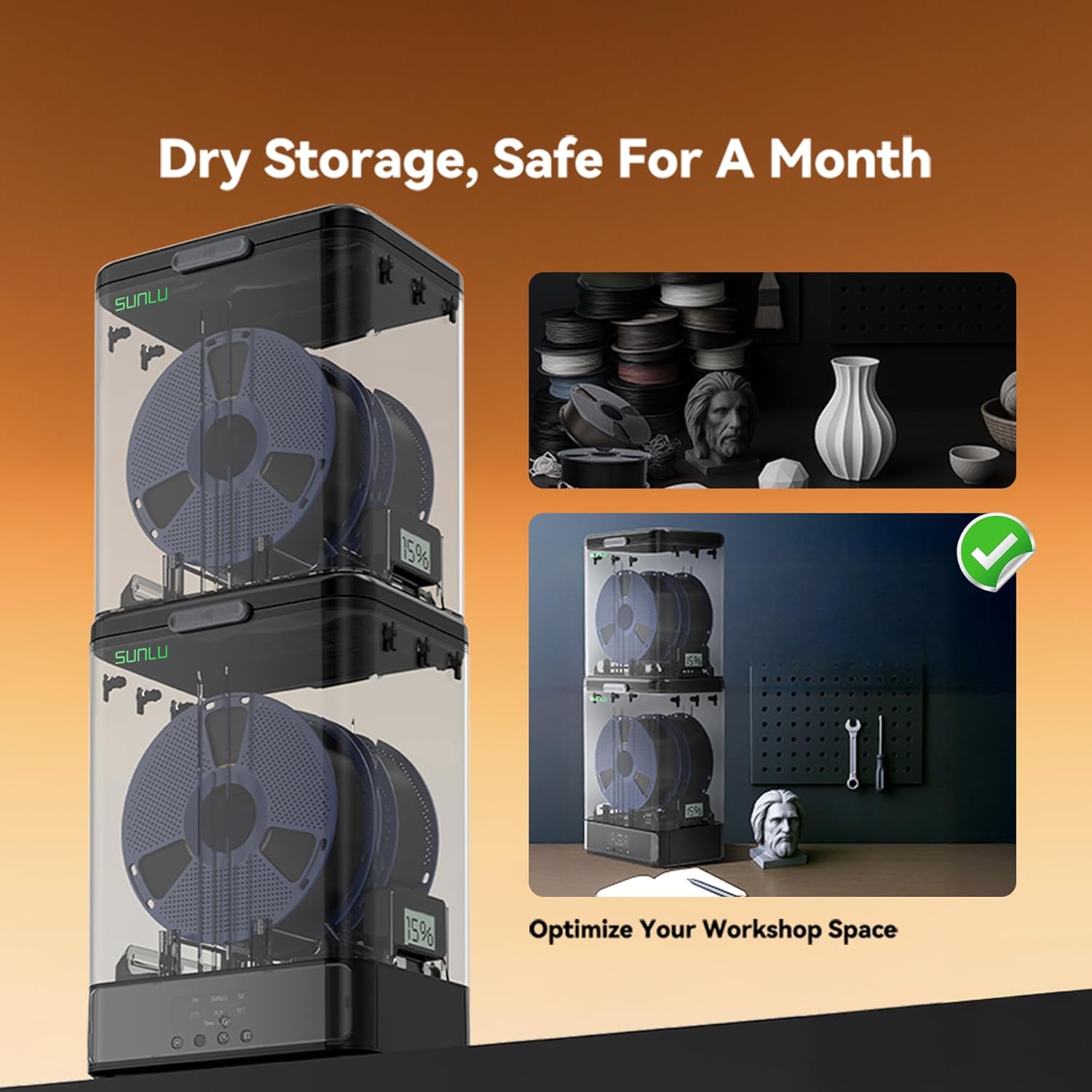 Filament Dryer, Filament Storage Box, SUNLU SP2 Filament Dehydrator for 3D Printer Filament, 70℃ Max, Heat Control, Compatible with 1.75mm/2.85mm PLA PETG TPU ABS PA PC