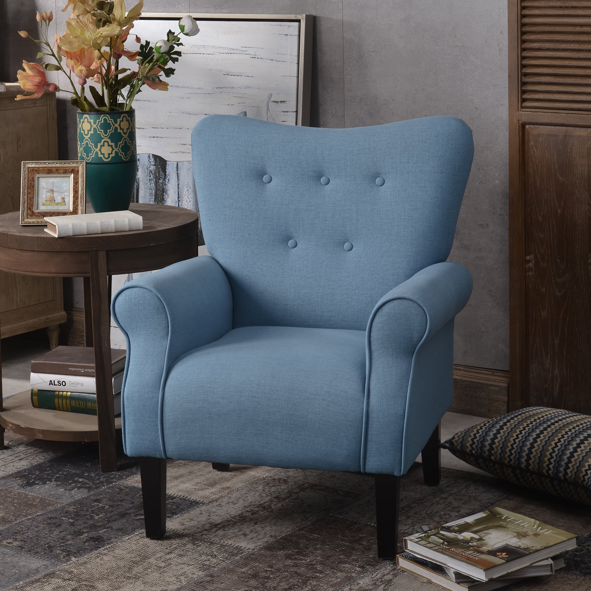 Tufted Accent Chair With Wooden Legs, Blue Accent Chair Living Room