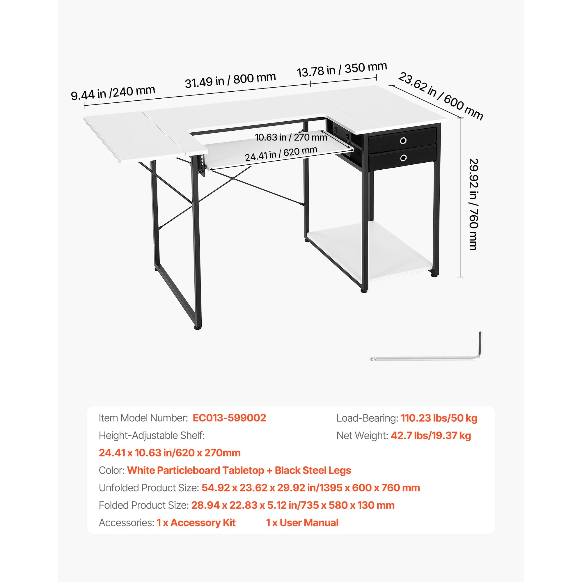 KFFKFF Multipurpose Sewing Machine Table with Drawers, Foldable Side Shelf, Adjustable Storage, Steel Frame, Versatile Desk for Home, Studio, or Educational Use