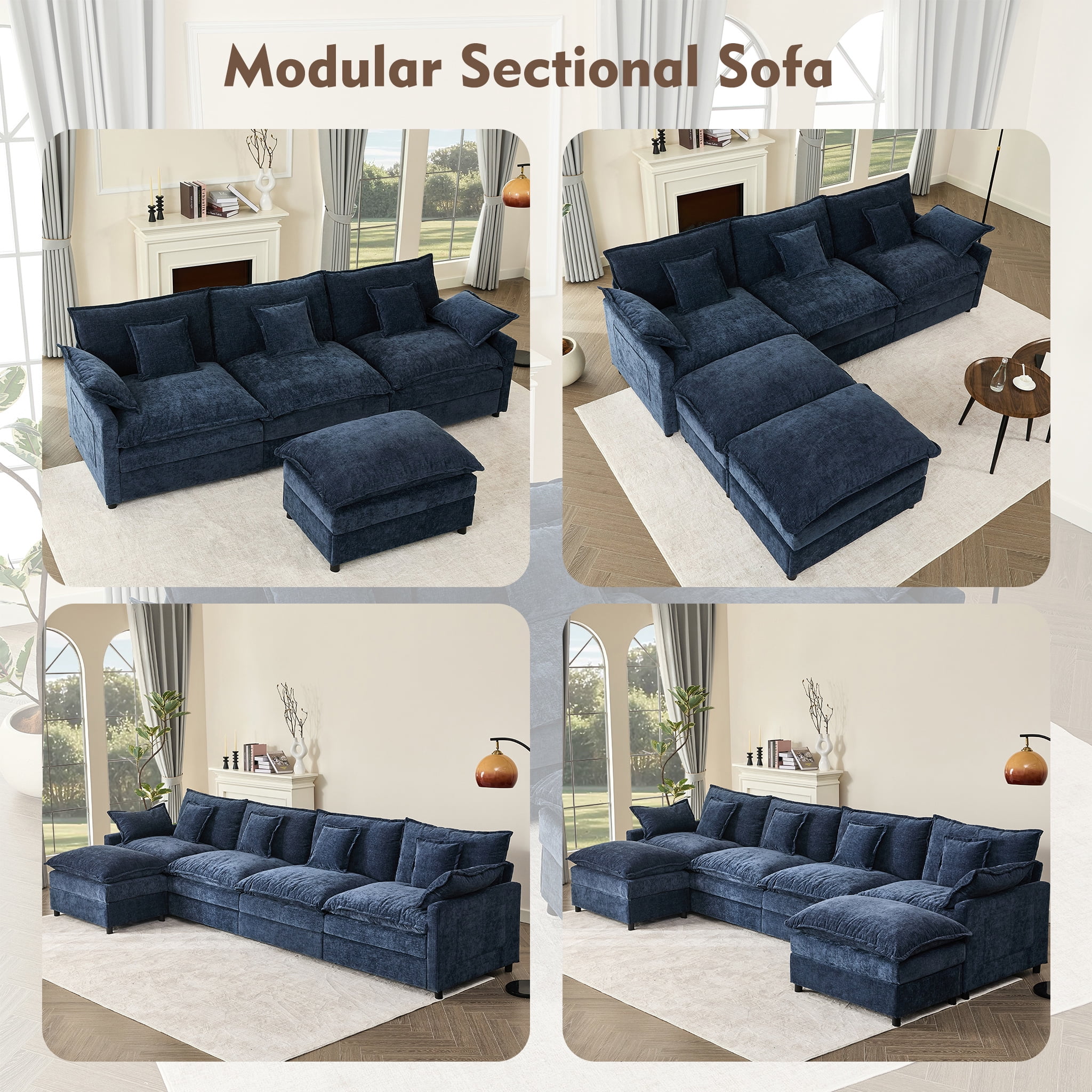 Bigsyy 3 - Seat Sectional Sofa Couch, Comfy Cloud Style, Deep Seat, Sleeper Function with Throw Pillows. Ideal for Adult - Occupied Living Rooms, Modern Design, Cozy Chenille, Navy