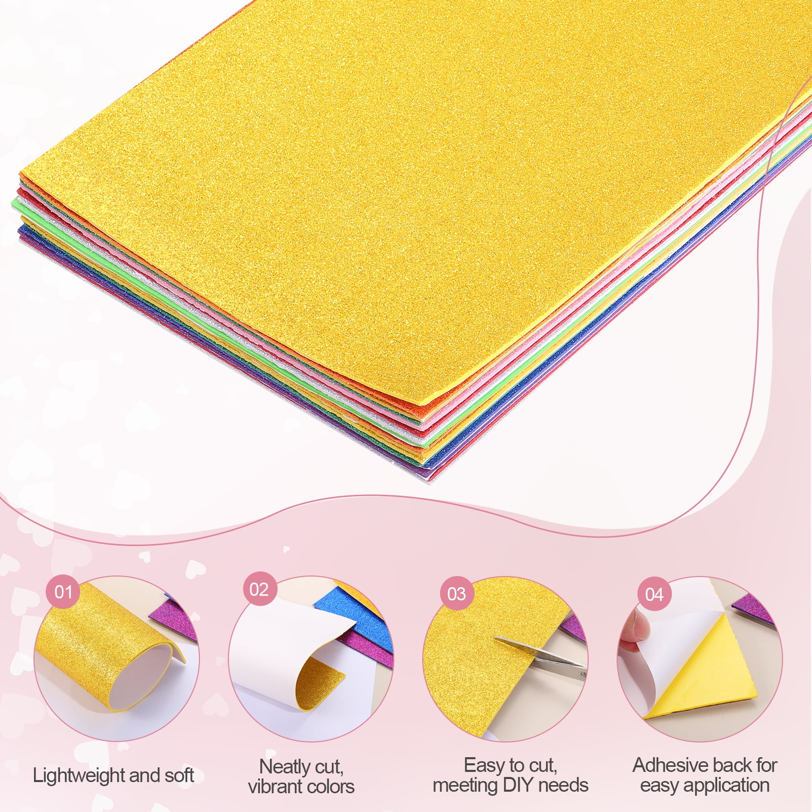 15 Sheets Pink Shiny Foam Sheets with Adhesive Backing, 8x12Inch Self-Adhesive Shiny EVA Foam Sheets Sticky EVA Paper Stickers for Art Crafts Projects, DIY Party Decoration