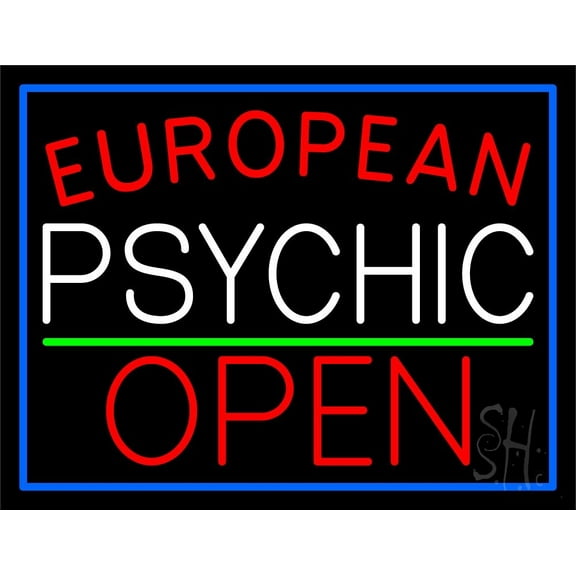 Red European White Psychic Red Open Green Line LED Neon Sign 15" Tall x 19" Wide - inches Black Square Cut Acrylic Backing, with Dimmer - Bright and Premium built indoor LED Neon Sign for Storefront.