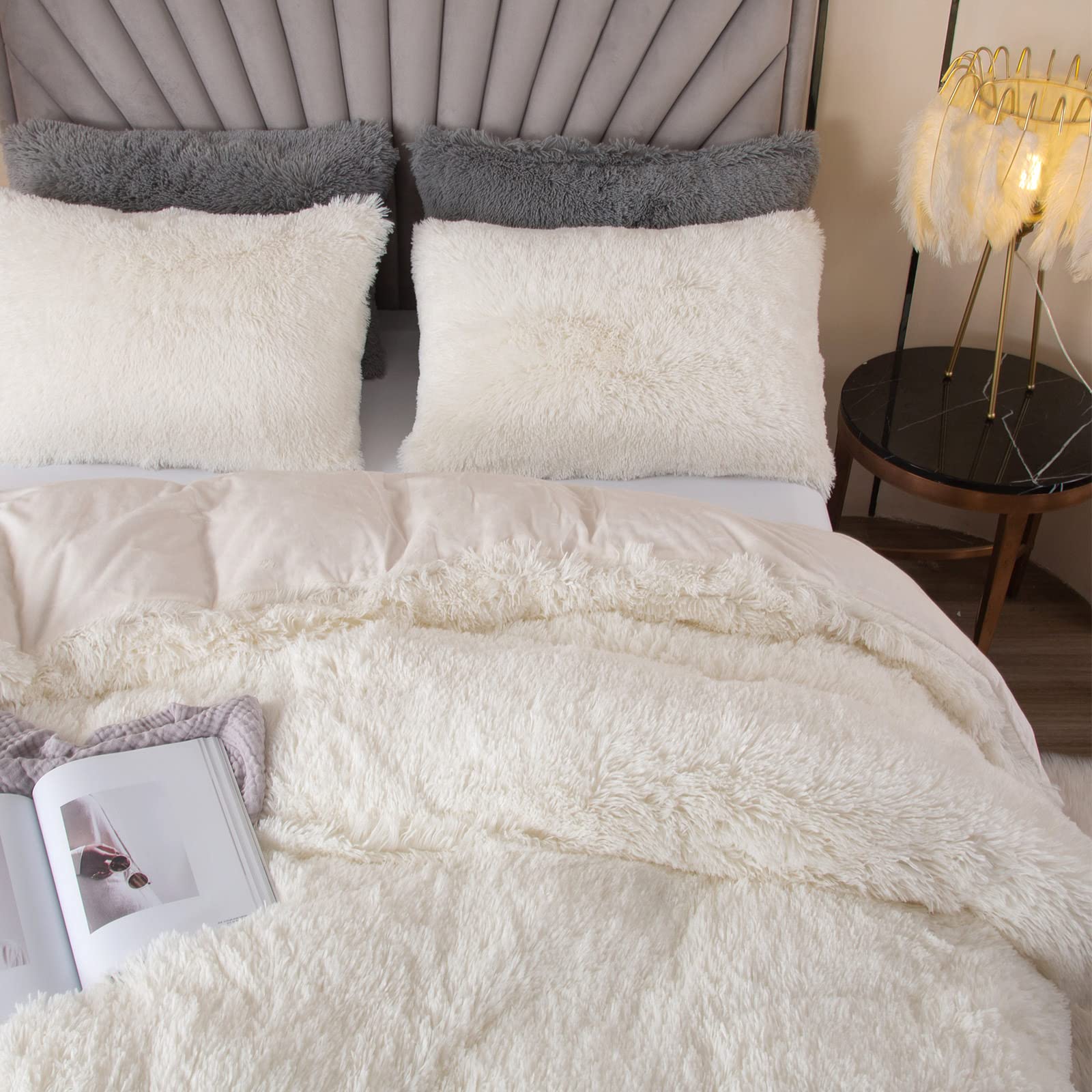 Plush Shaggy Fuzzy Duvet Cover Set White Cow Print Soft Crystal Velvet Twin Bedding Set (1 Faux Fur Duvet Cover + 1 Faux Fur Pillowcases)
