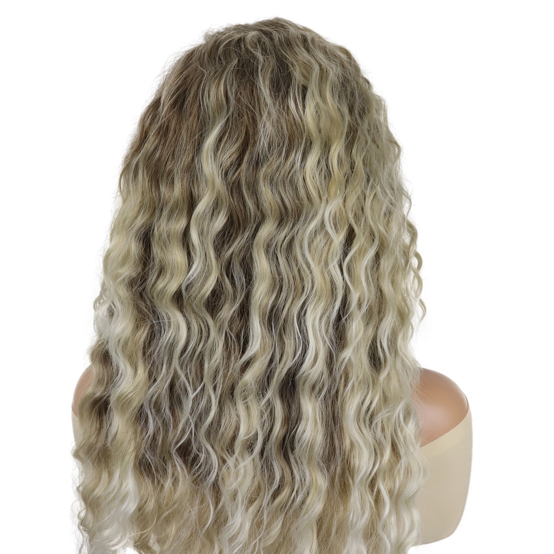 28 inch Long Ombre Blonde Curly Wigs for Women Gradient Color Ash Blonde Wig in Synthetic Hair