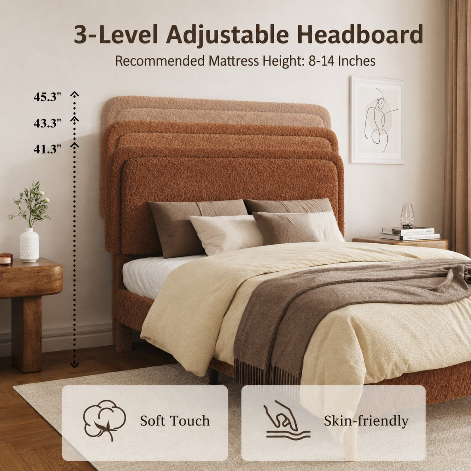 Miniyam Full Size Boucle Upholstered Platform Bed Frame with Adjustable Headboard and Wood Slat Support, Brown