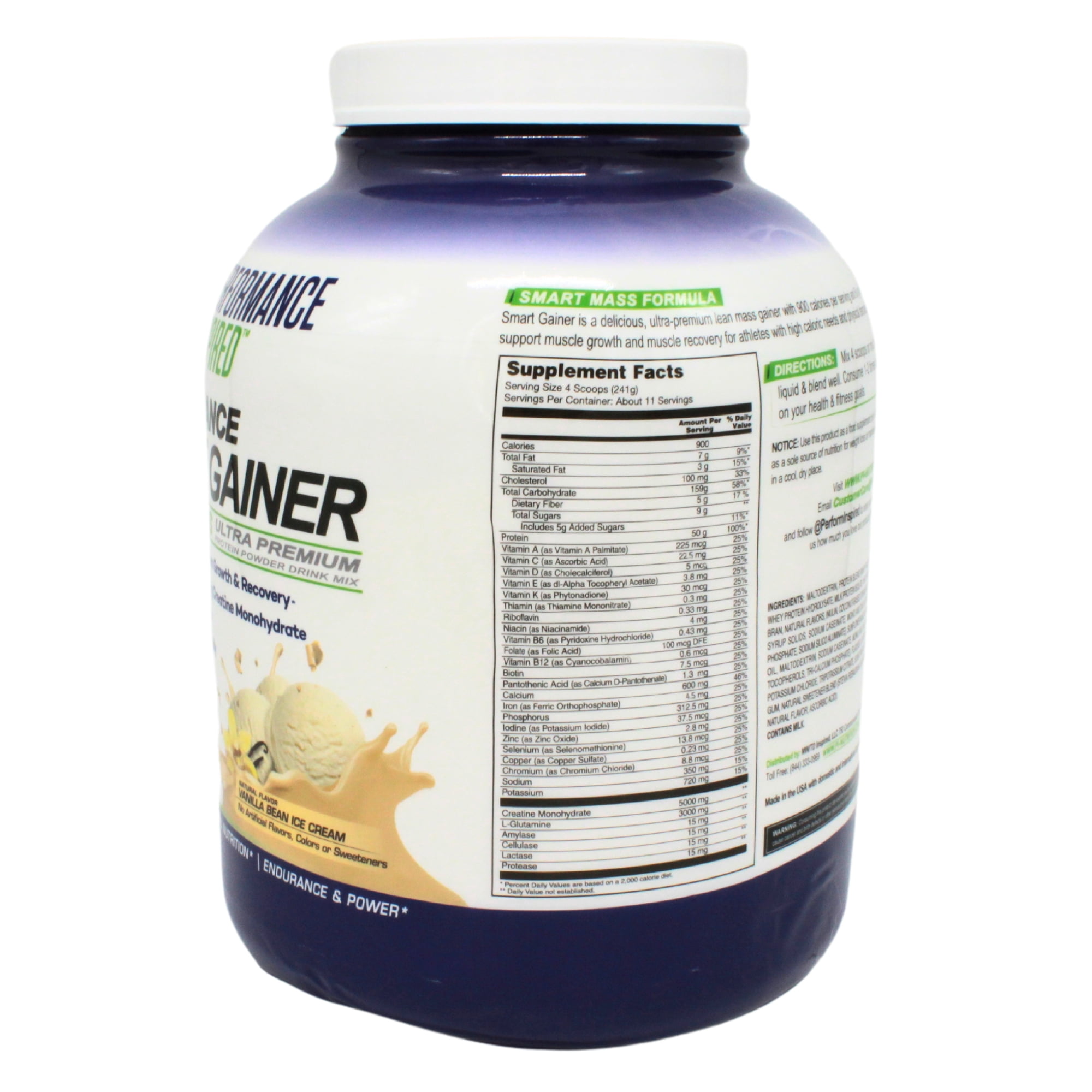 Performance Inspired Nutrition - Smart Mass Gainer Powder - Recover & Rebuild Muscles - L-Glutamine – 50G Protein - Creatine - Digestive Enzymes - Vanilla Bean Ice Cream - 6 Lbs