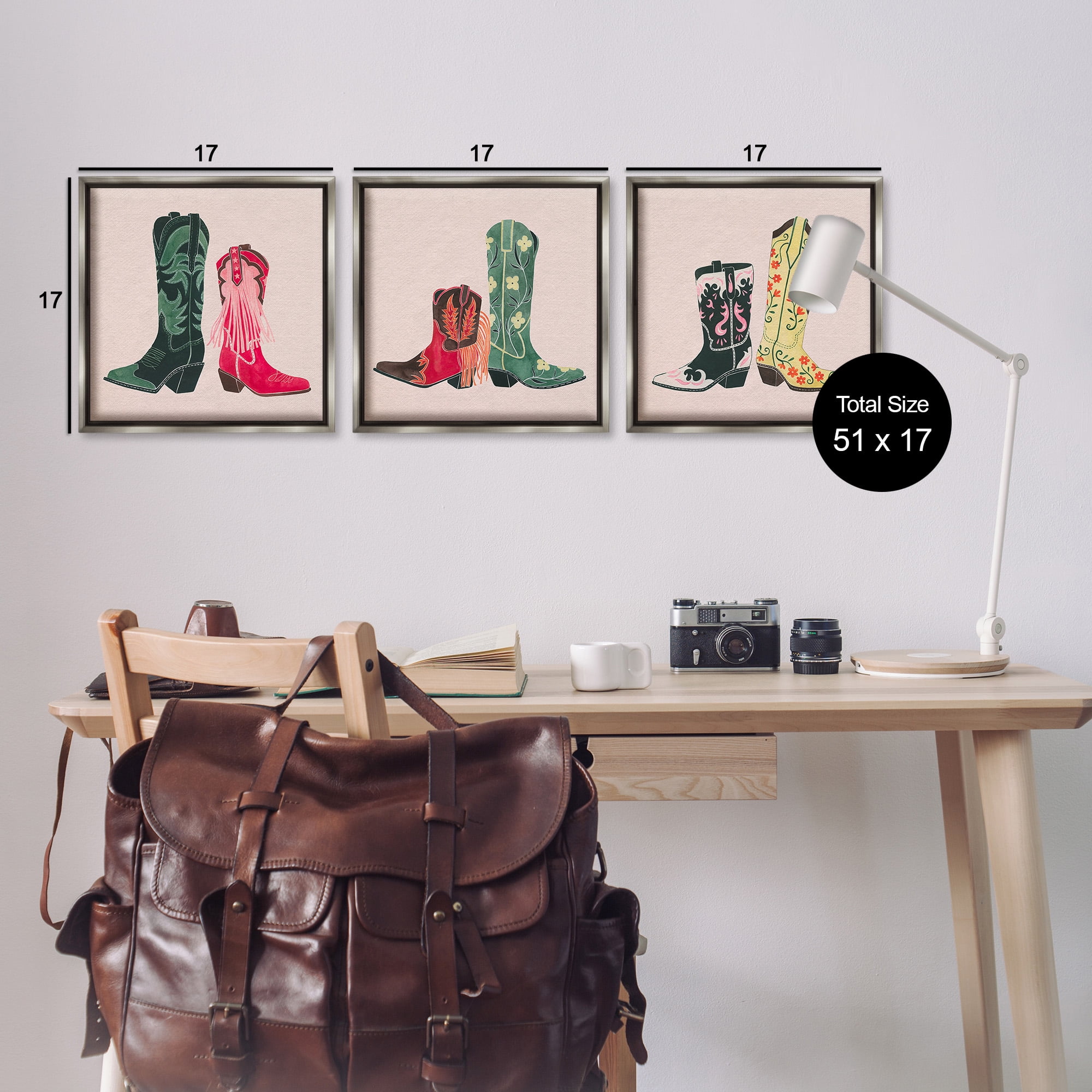 Stupell Industries Trendy Cowgirl Boots Beauty & Fashion Painting Gray Floater Framed Canvas Art Print Wall Art, 18 x 18, Set of 3