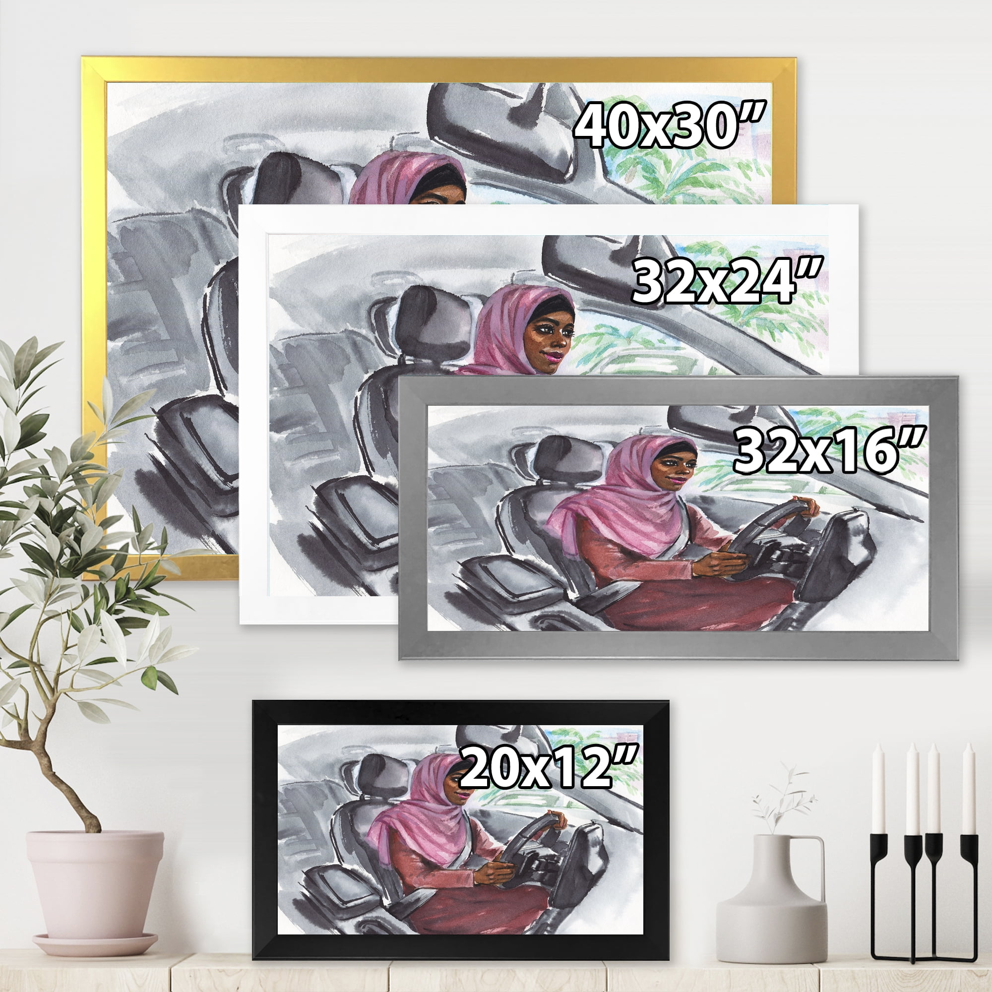 Designart 'Arabian Lady Driving A Car III' Modern Framed Art Print