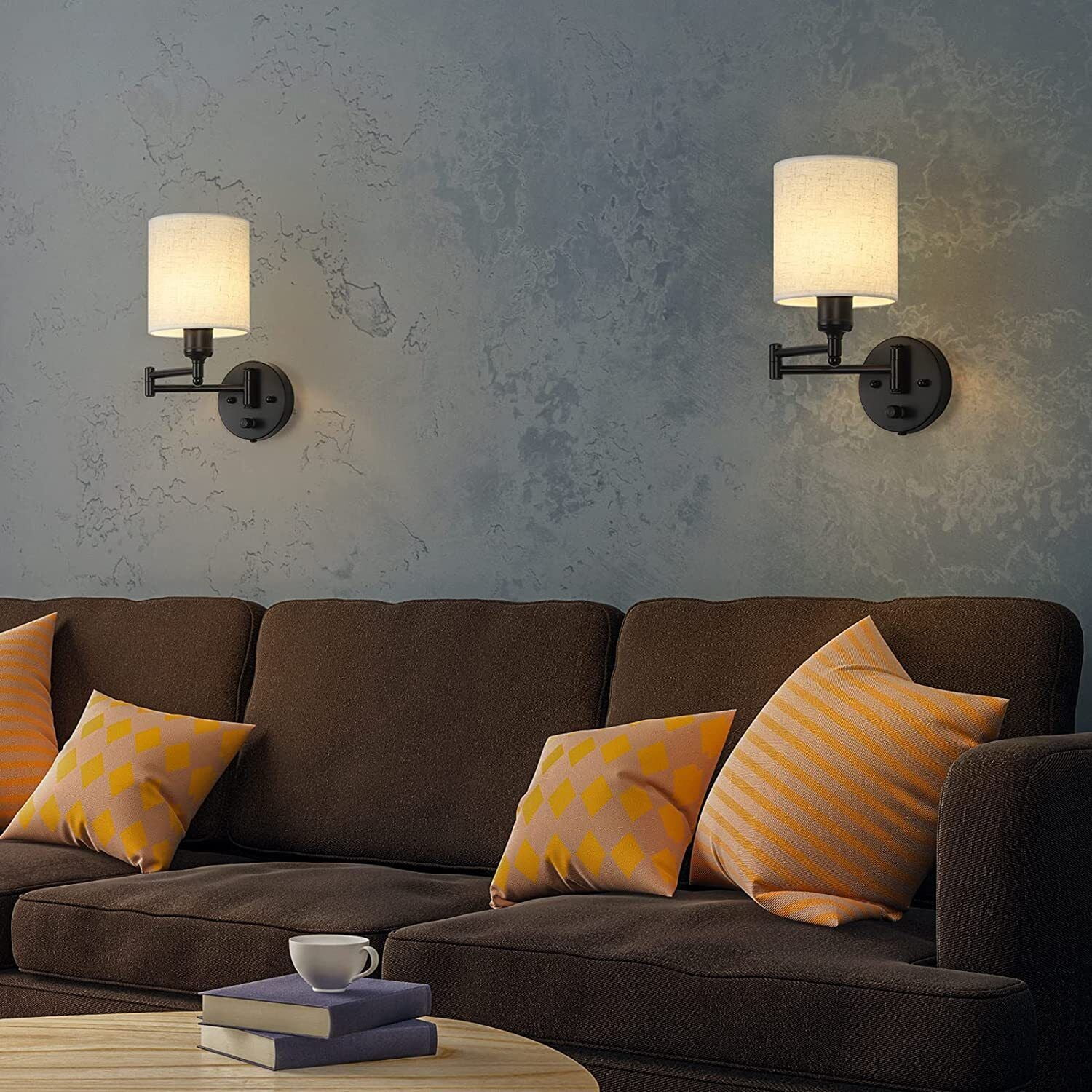 Swing Arm Wall Lamps Plug in Wall Lamps with Linen Shade for Bedroom