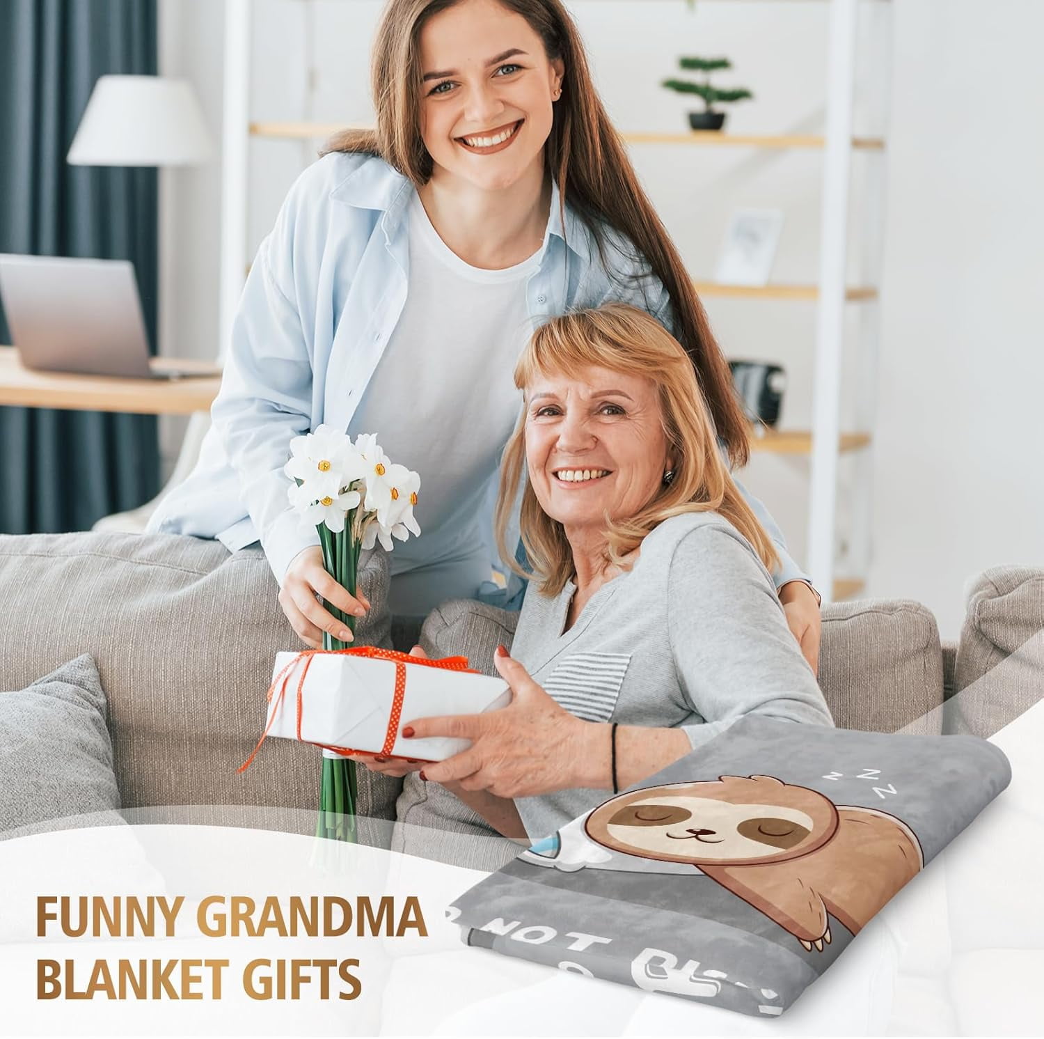 Funny Grandma Birthday Gifts, Grandma is Charging Sloth Blanket, Gift for Grandmas from Grandkids, Grandmas Gifts for Christmas Mothers Day, Super Soft Blanket for Grandmother