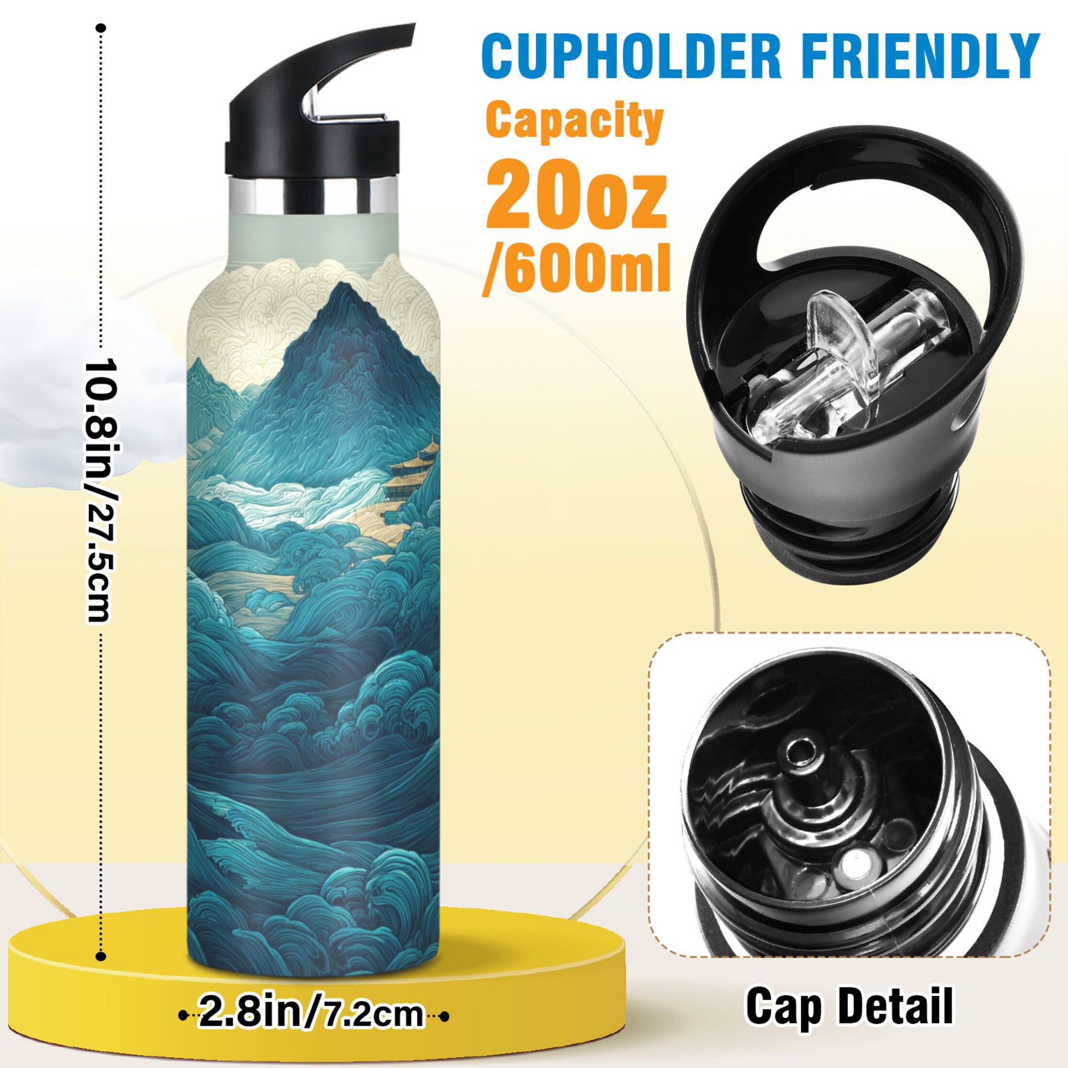 600ML Stainless Steel Insulated Cup Sports Water Bottle Portable Thermos Cup Water Glasses Insulated Tumblers Convenient and Durable Beautiful Green Mountains