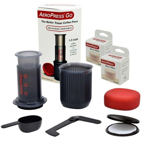 AeroPress Go Portable Travel Coffee Press with an Extra 350 Micro-Filters (Total 700), 1-3 Cups - Makes Delicious Coffee, Espresso and Cold Brew in 1 Minute