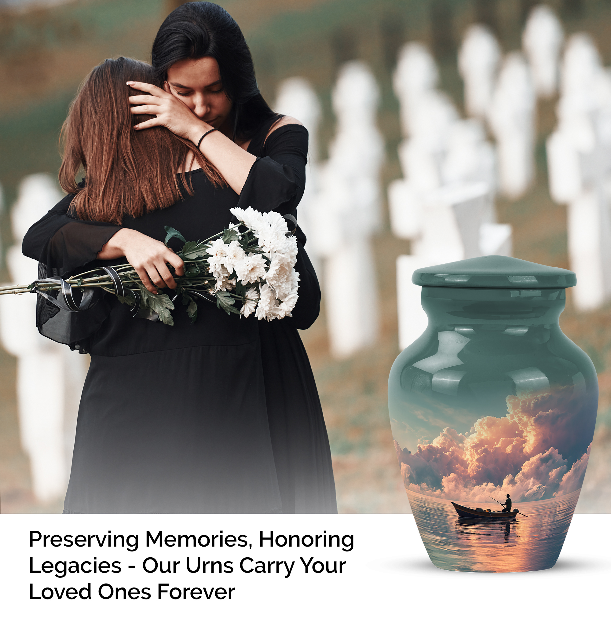 Fishing Man And Women's Urns For Human Ashes Adult - 1 Large Urn For Ashes For Women & Men - Blue Cremation Urn For Mothers Ash - Cloud Memorial Urns For Burial 10 Inch, 4 Keepsake Set
