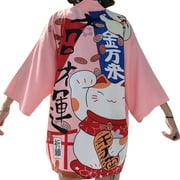 YM YOUMU Women Japanese Kimono Coat Loose Yukata Outwear Tops Fortune Lucky Cat Print