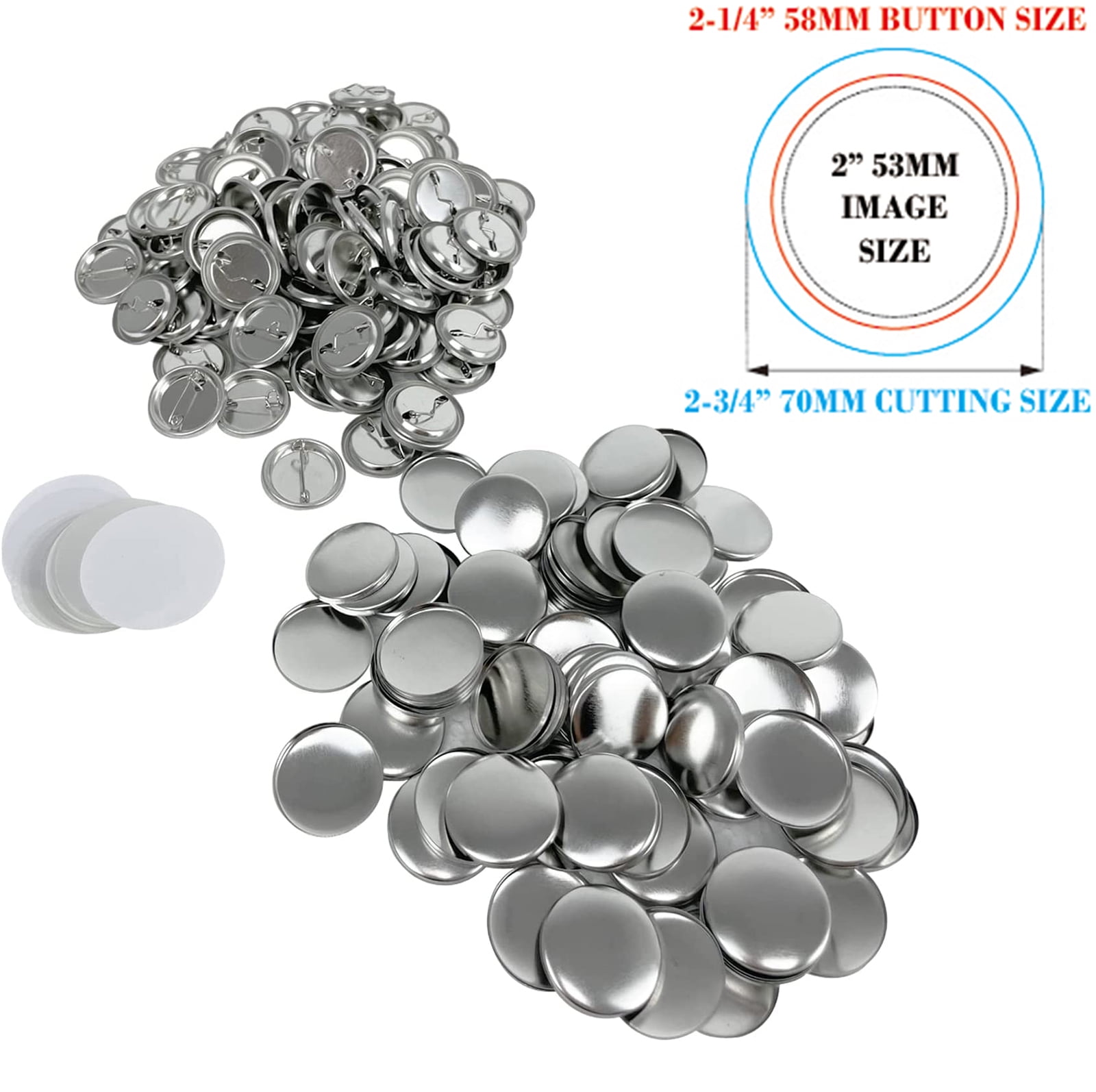 2-1/4 button making supplies include shells, mylar and pinned backs.