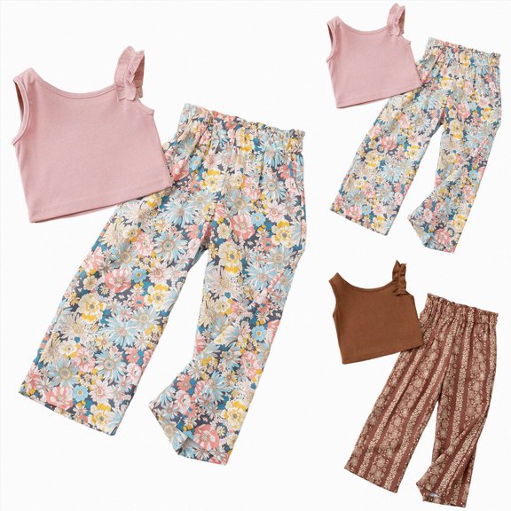 Splozh Toddler Girl Summer Clothes 2T 3T 4T 5T 6T 7T Girls Summer Outfit Set Solid Color Ribbed Flutter Sleeve Top with Floral Print Wide Leg Pants,Brown,2-3 Years