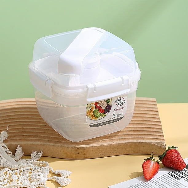 Recipiente bento hermético de doble capa para ensalada de frutas, con utensilios y vaso para aderezo, ideal para preparar comidas frescas en la oficina y picnics. Aestivo | Blanco | AESTIVO