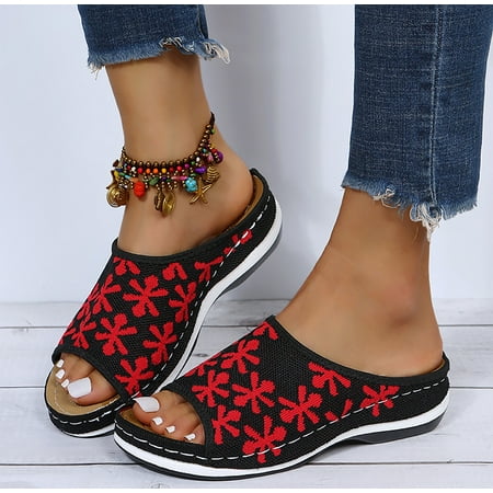 

Fish Mouth Slippers Retro Color Matching Flowers Wedges With Flying Woven Slippers