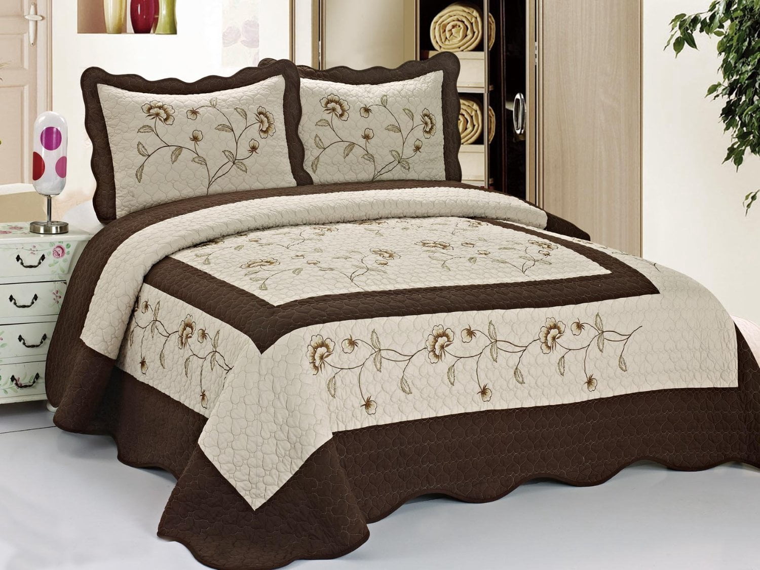3pcs High Quality Fully Quilted Embroidery Quilts Bedspread Bed ...