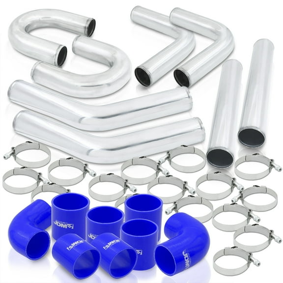 2.5" Inch Universal Piping Kit Chrome Aluminum (8pcs) T-Bolt Clamps (16pcs) Silicone Couplers Set Blue (8pcs) Turbo Intercooler Upgrade