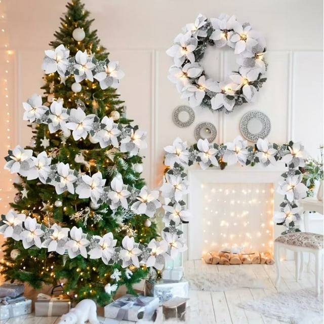 cpengpj 200cm Christmas Garland with 10 Warm Lights, Plastic Silk Fabric White Winter Holiday Decoration for Home Party Wedding