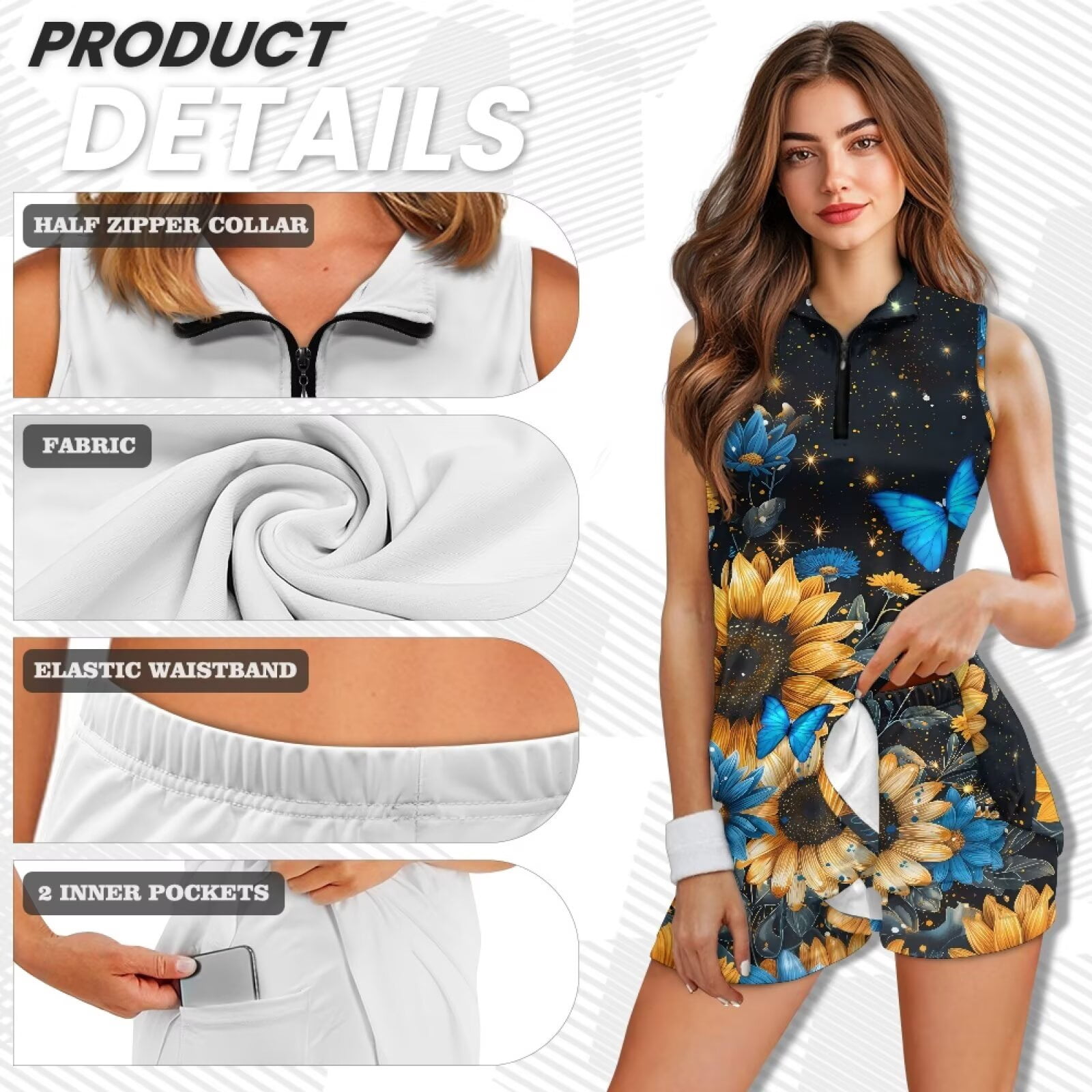 Yuyamidu Blue Butterfly Womens Golf Dress Sunflower Zip Up Womens Sleeveless Golf Tennis Dresses Built in Shorts Athletic Dress with Pockets for Workout Exercise Size 2XL