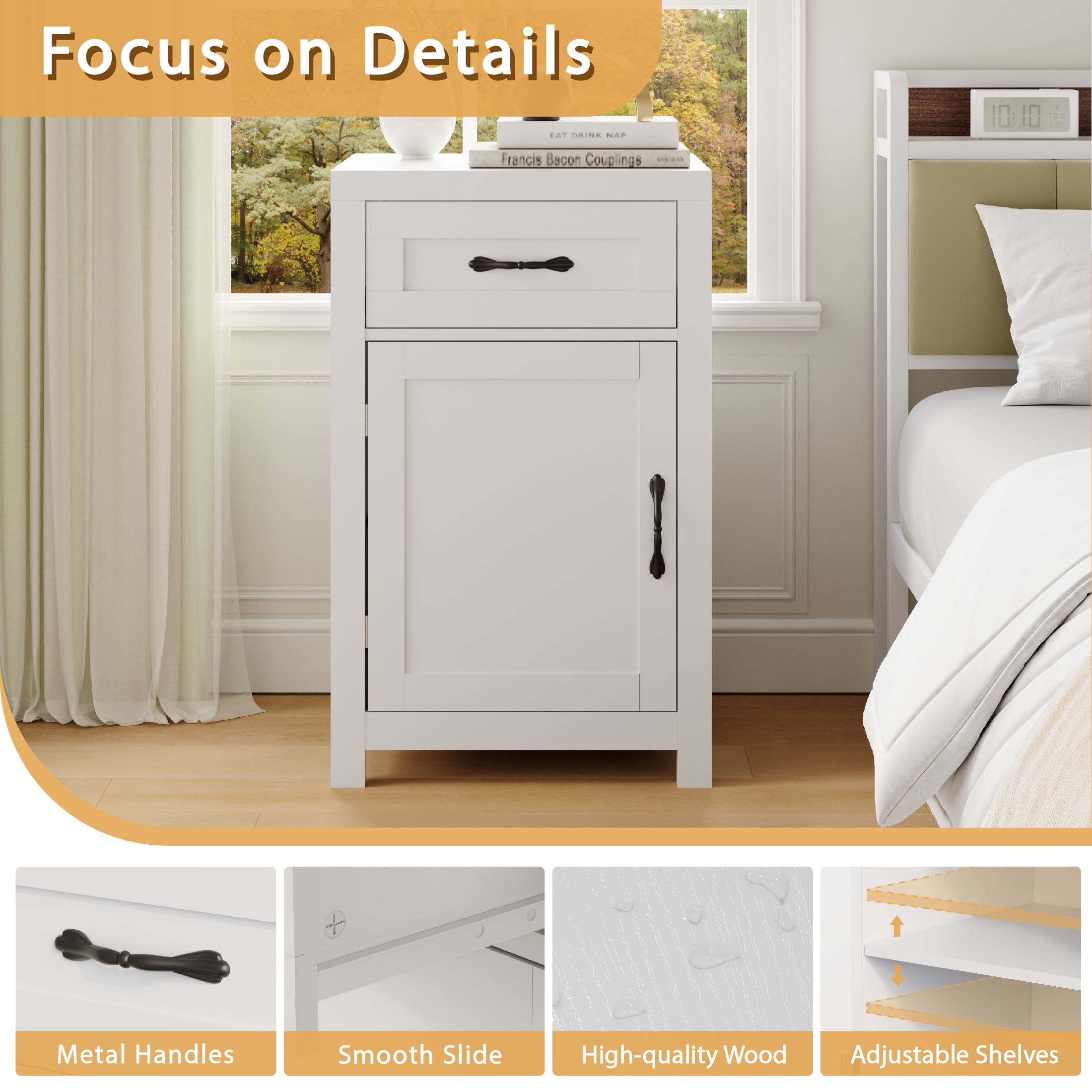YouTrend Farmhouse End Table with Drawer and Storage Cabinet for Living Room,Rustic Adult Nightstand for Bedroom,White