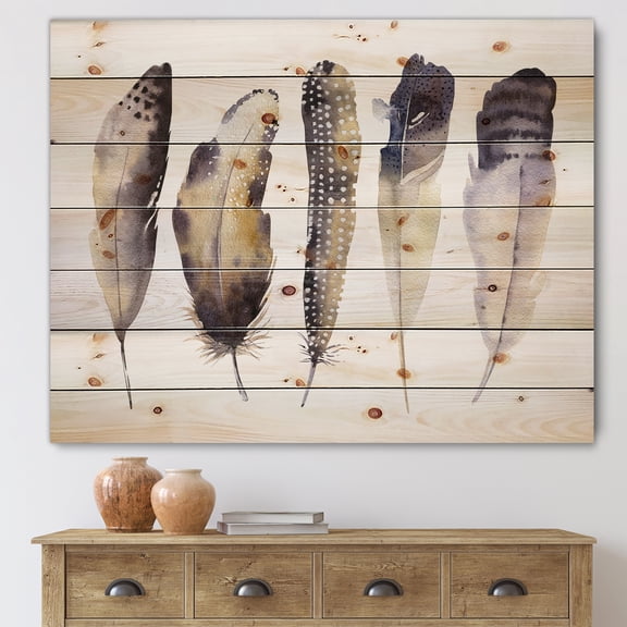 Designart 'Dark Gray Feathers Boho Ethnic I' Bohemian & Eclectic Print on Natural Pine Wood