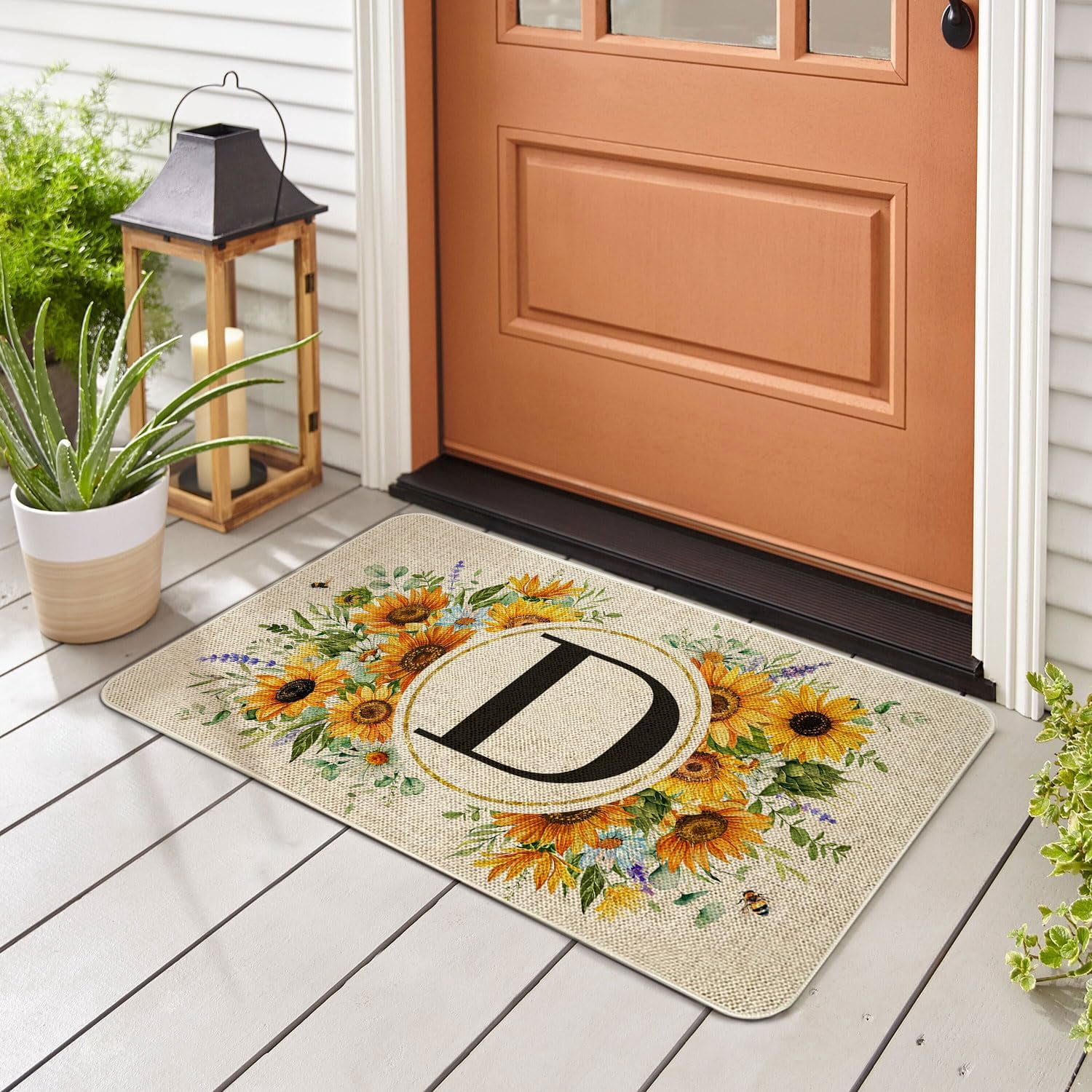 Summer Sunflower Monogram Letter D Door Mat 30 X 17 Inch Family Last Name Initial Welcome Doormat Indoor Outdoor Entrance Floor Rug Non Slip Spring Summer Decor Rubber Mats